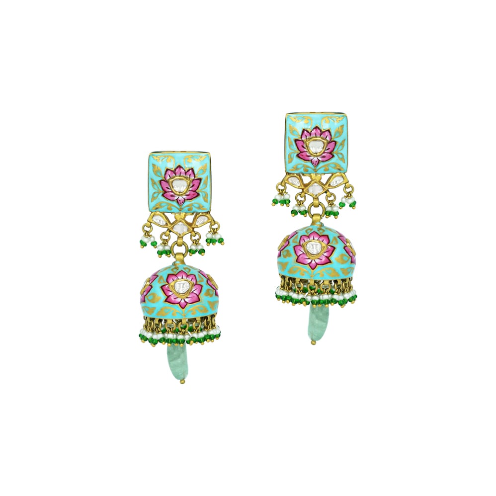 Lotus Enamel Jhumkas with Polkis and Russian Emerald Drops